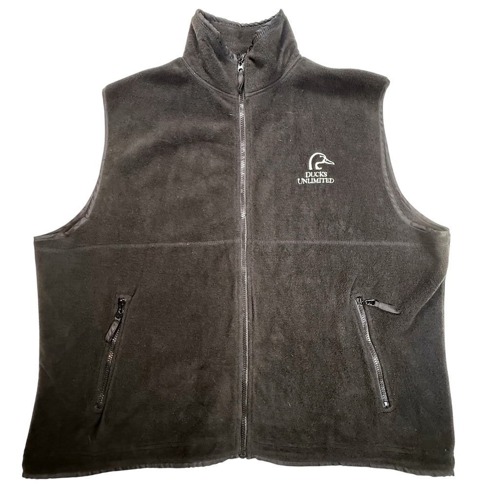 Ducks Unlimited Mens 2XL Black Fleece Full Zip Vest Outdoor Hunting Logo Gilet